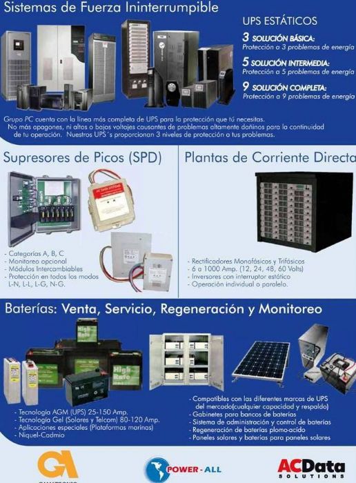 SISTEMAS DE FUERZA ININTERRUMPIBLES (UPS), SUPRESORES DE PICO, BATERIAS (VENTA, MANTENIMIENTO, REGENERACION Y MONITOREO) - POWER ALL, AC DATA